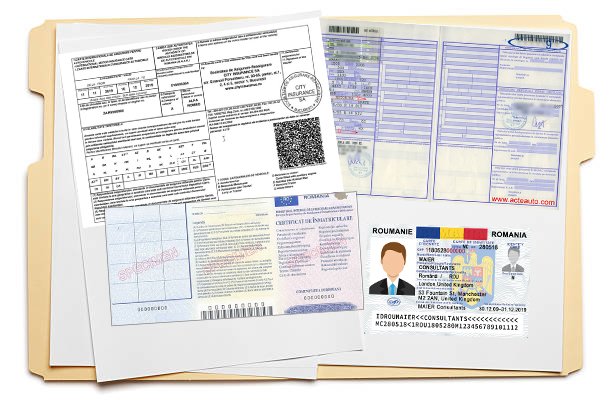 Dosar conținând o carte de identitate, talonul mașinii, cartea de identitate a vehiculului și polița RCA, reprezentând actele necesare pentru inspecția tehnică în stația itp cluj ITP Master